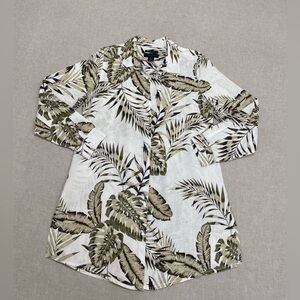 Tahari 100% Linen Button Front Tunic Sz M Tropical Print Long Sleeve Beach